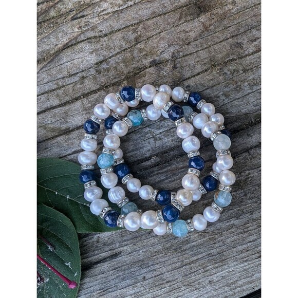 Vintage Rhinestone Pearl Bracelet Stack, 3 Pearly Stretch Bracelets - Picture 10 of 10